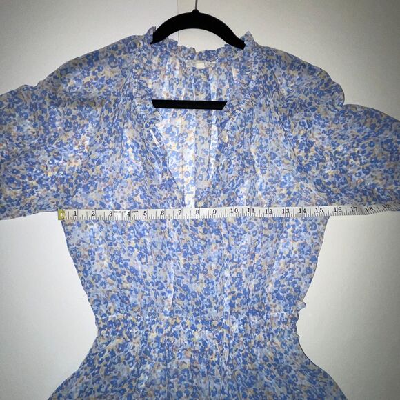 Endless Blu Tiered Ruffle 3/4 Sleeve Dress Tie Neck Blue Floral Tie Neck Mini S - Picture 8 of 13